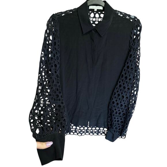 Alexis Eyelet Button Down Top Blouse Semi Sheer Silk Long Sleeves Black Size XS - Picture 1 of 10